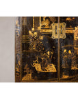 Late Qing Dynasty Black Lacquer Elm Cabinet with Gilt Motifs and Carved Apron
