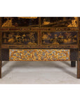 Late Qing Dynasty Black Lacquer Elm Cabinet with Gilt Motifs and Carved Apron