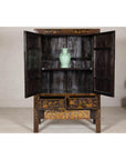 Late Qing Dynasty Black Lacquer Elm Cabinet with Gilt Motifs and Carved Apron