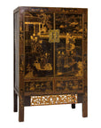 Late Qing Dynasty Black Lacquer Elm Cabinet with Gilt Motifs and Carved Apron