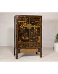 Late Qing Dynasty Black Lacquer Elm Cabinet with Gilt Motifs and Carved Apron