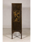 Late Qing Dynasty Black Lacquer Elm Cabinet with Gilt Motifs and Carved Apron