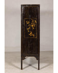 Late Qing Dynasty Black Lacquer Elm Cabinet with Gilt Motifs and Carved Apron