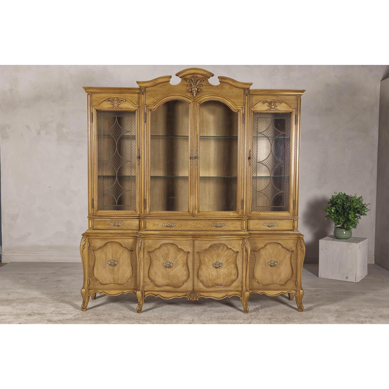 Large French Provincial Style China Cabinet in Hardwood Finish, Wired