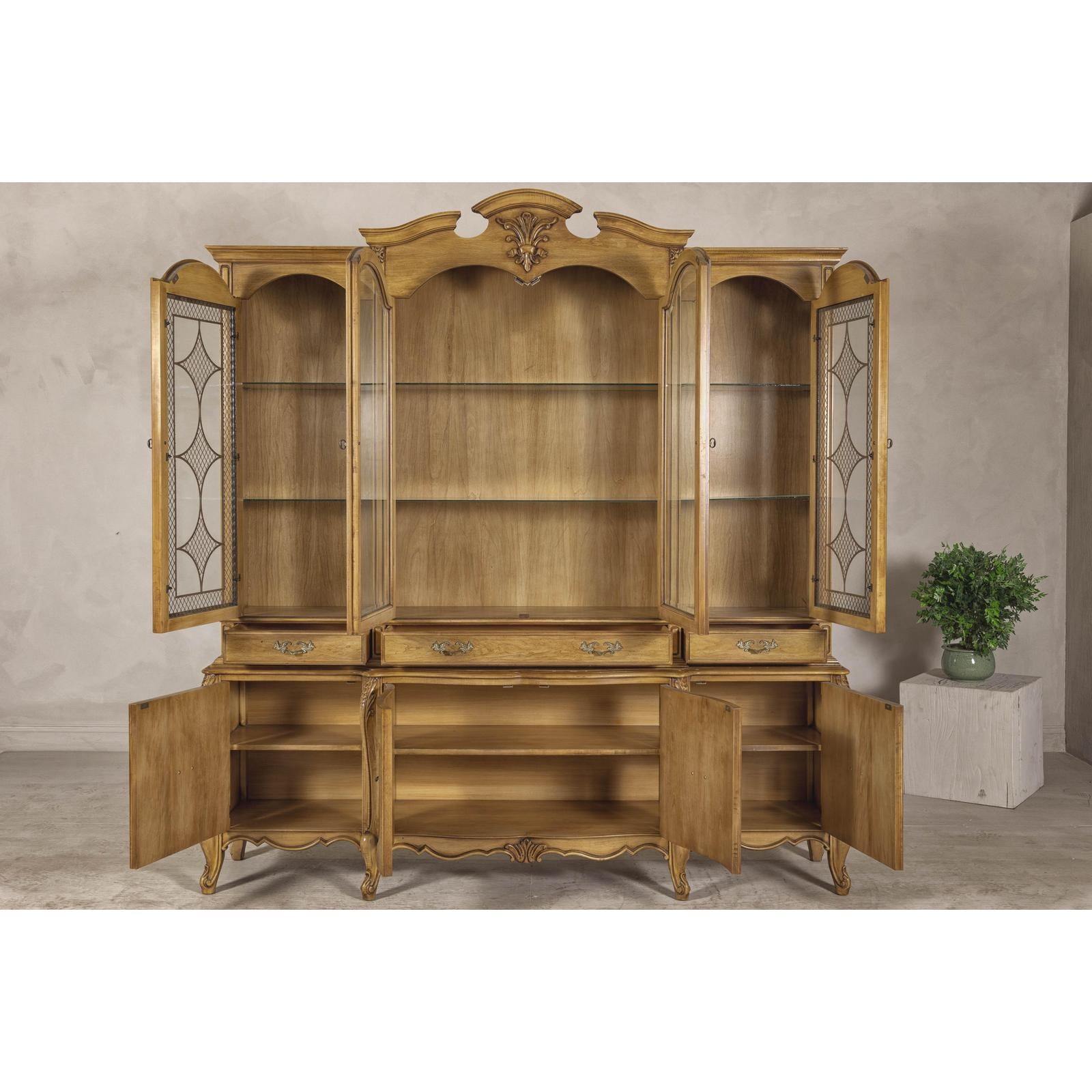 Large French Provincial Style China Cabinet in Hardwood Finish, Wired