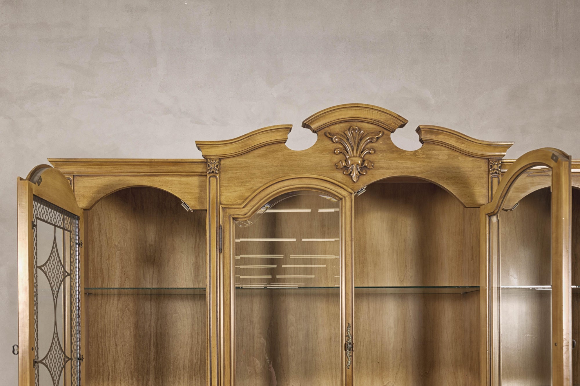Large French Provincial Style China Cabinet in Hardwood Finish, Wired