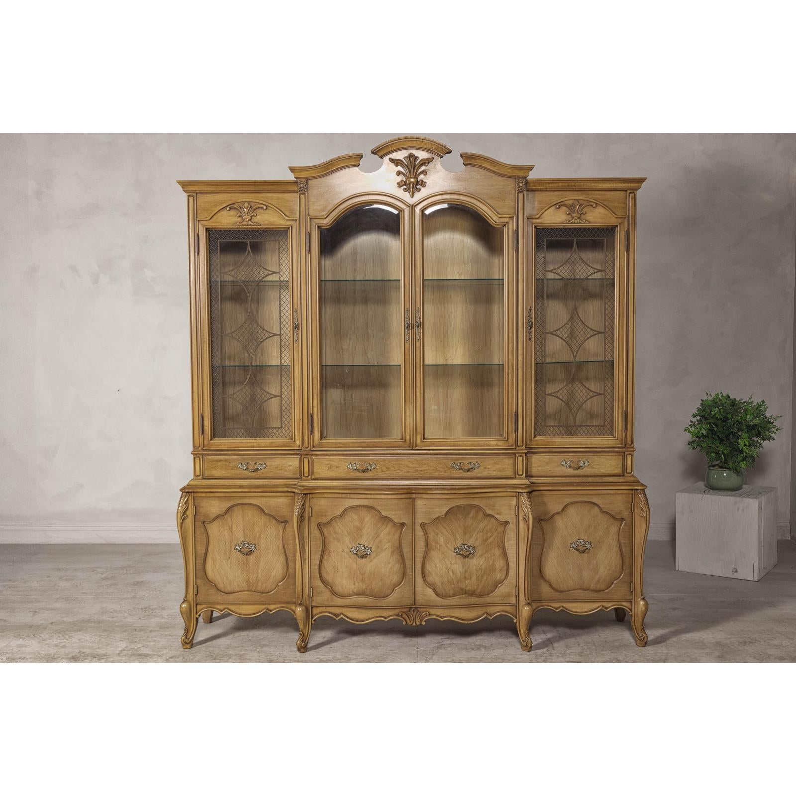 Large French Provincial Style China Cabinet in Hardwood Finish, Wired