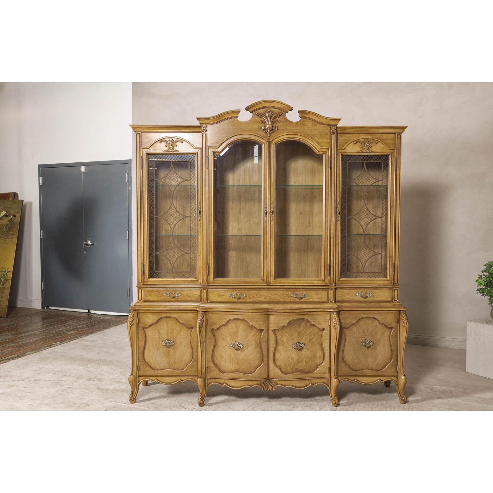 Large French Provincial Style China Cabinet in Hardwood Finish, Wired