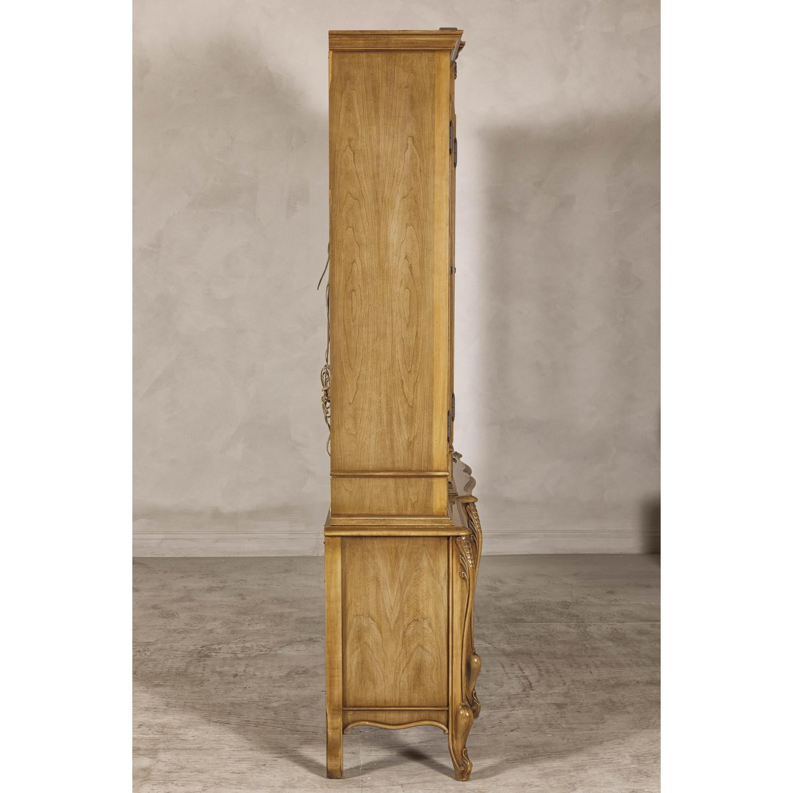 Large French Provincial Style China Cabinet in Hardwood Finish, Wired