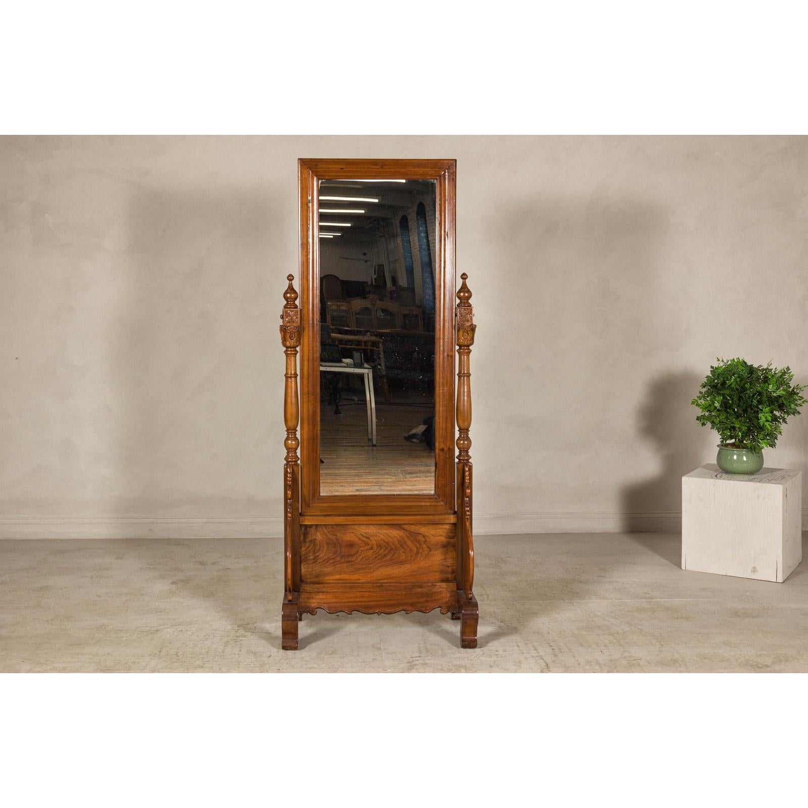 Late 19th Century Dutch Colonial Hardwood Cheval Mirror with Carved Details