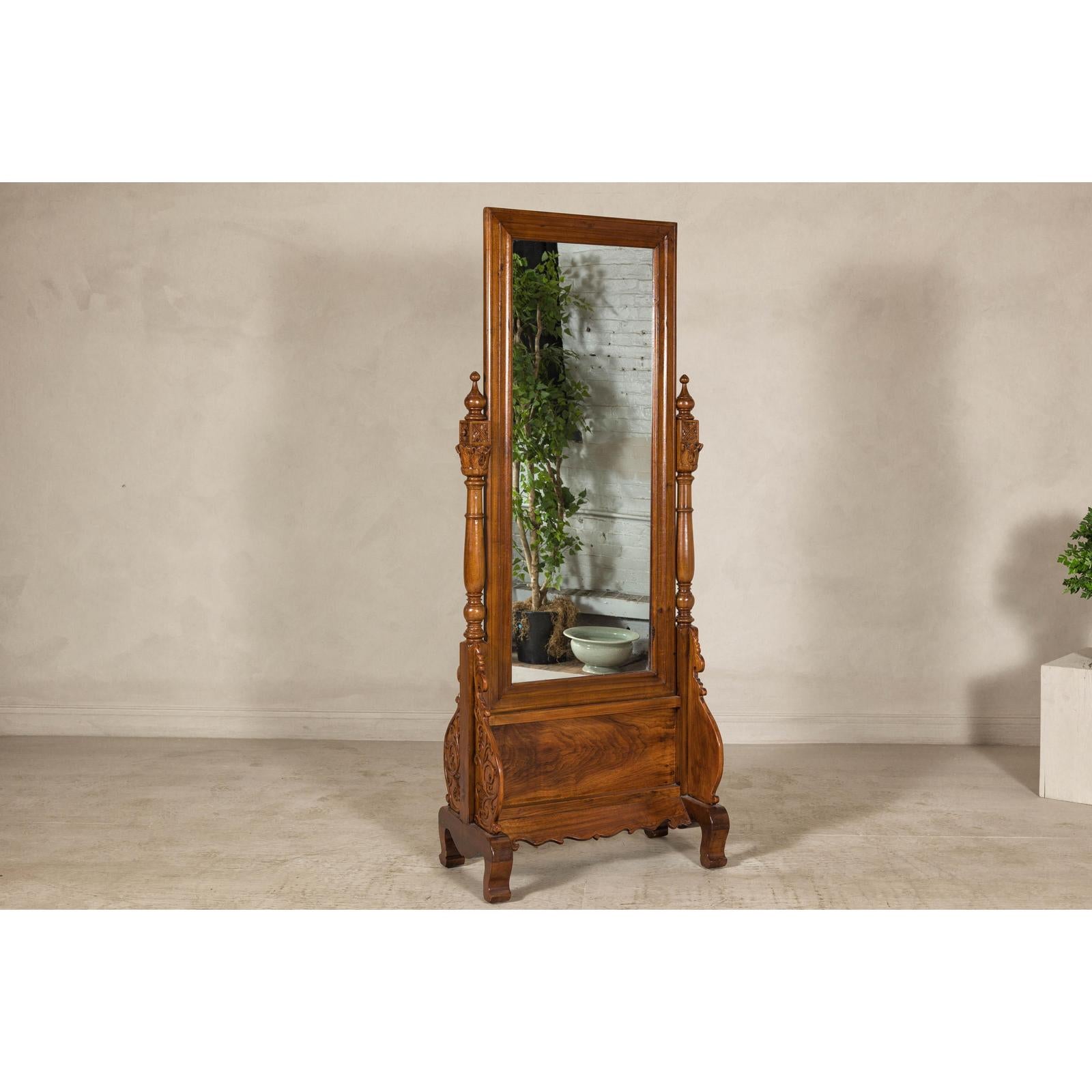 Late 19th Century Dutch Colonial Hardwood Cheval Mirror with Carved Details