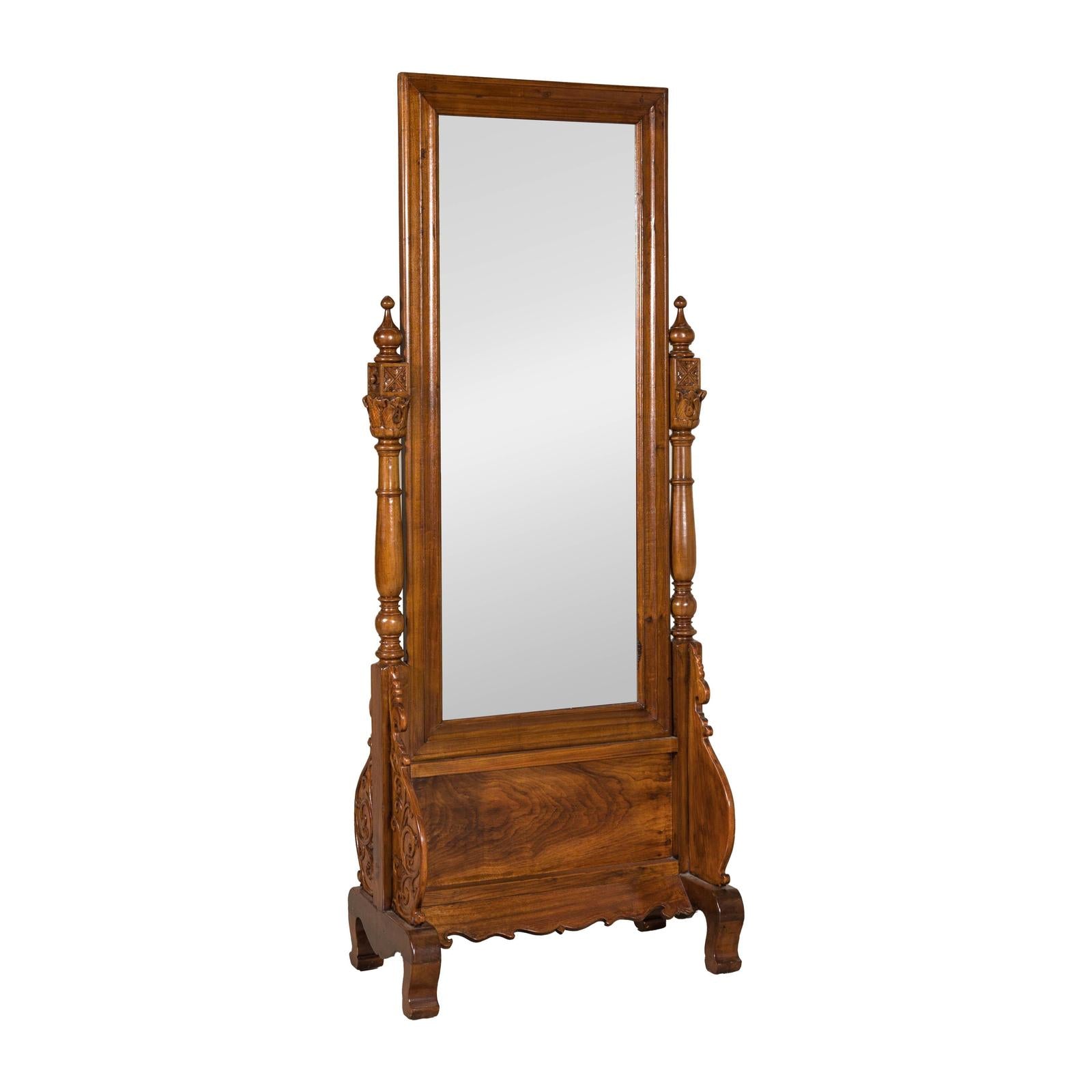 Late 19th Century Dutch Colonial Hardwood Cheval Mirror with Carved Details