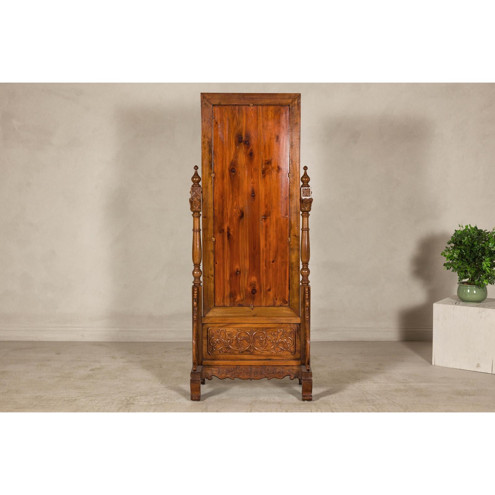 Late 19th Century Dutch Colonial Hardwood Cheval Mirror with Carved Details