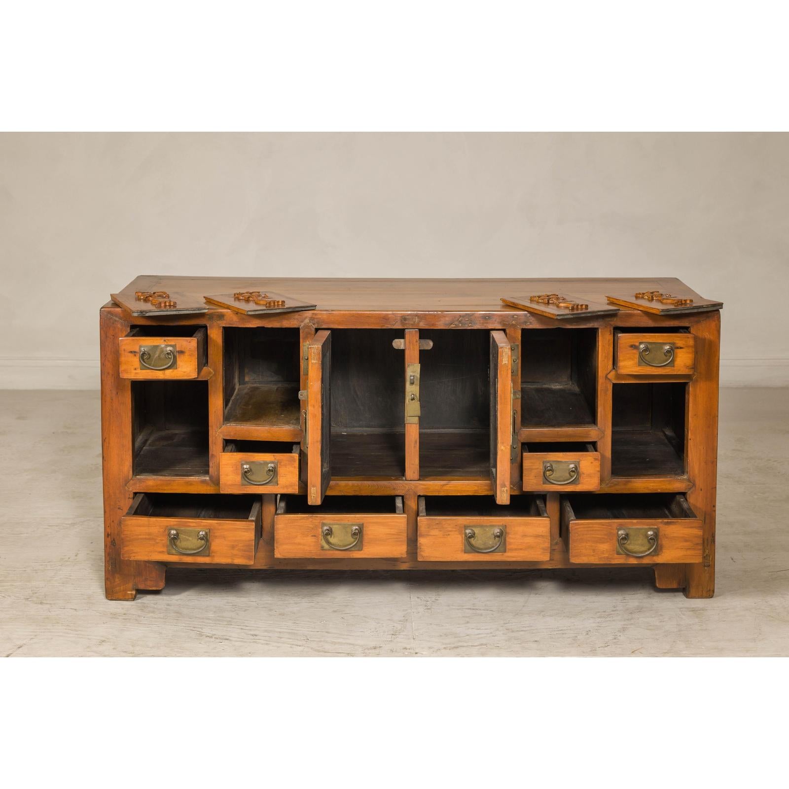 Late Qing Dynasty Elm Sideboard with Carved Floral Vases, Doors and Drawers