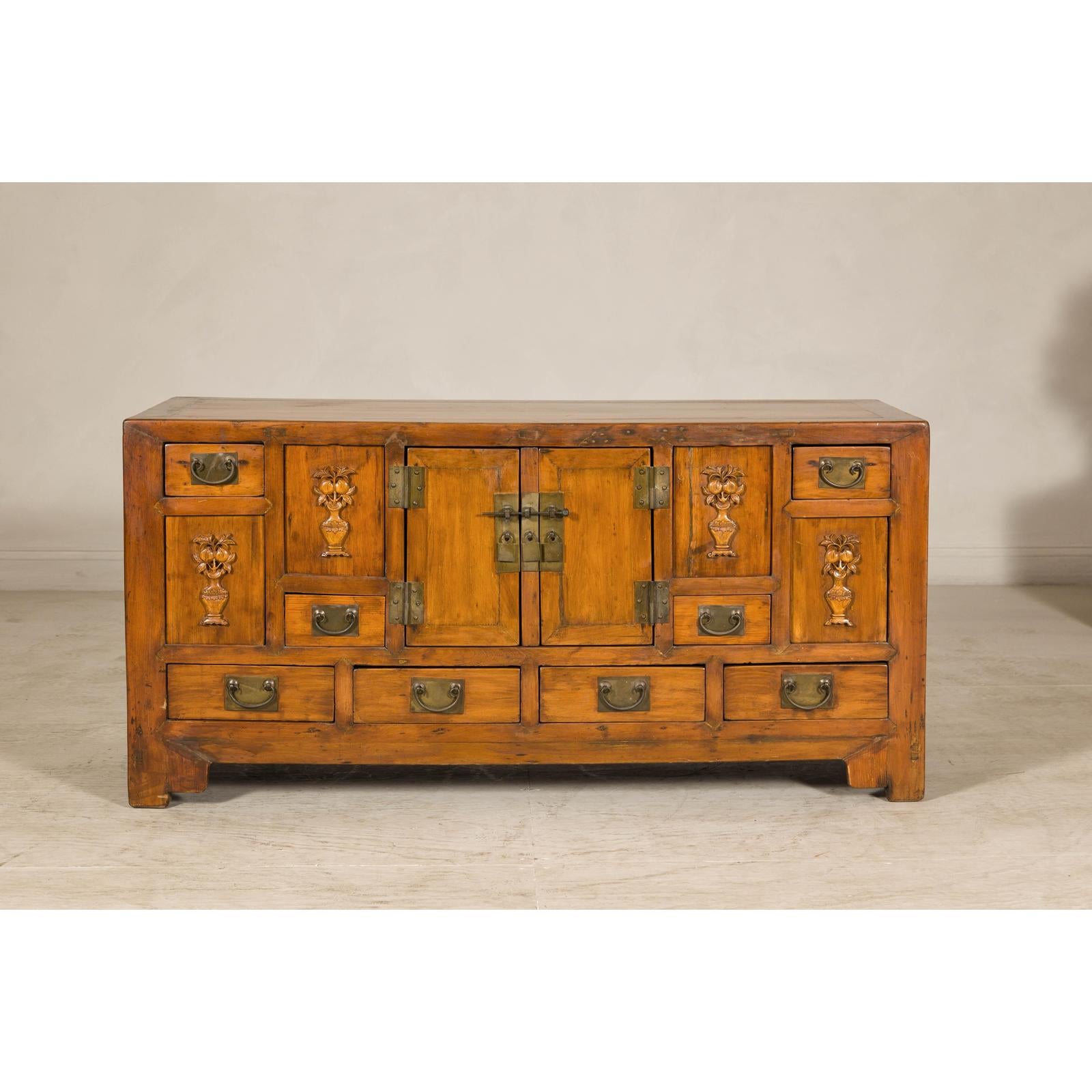 Late Qing Dynasty Elm Sideboard with Carved Floral Vases, Doors and Drawers