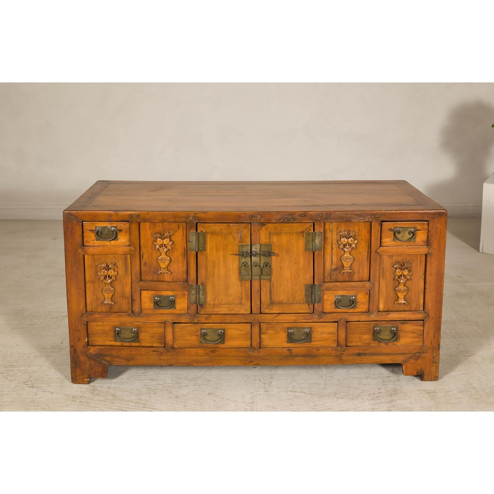 Late Qing Dynasty Elm Sideboard with Carved Floral Vases, Doors and Drawers