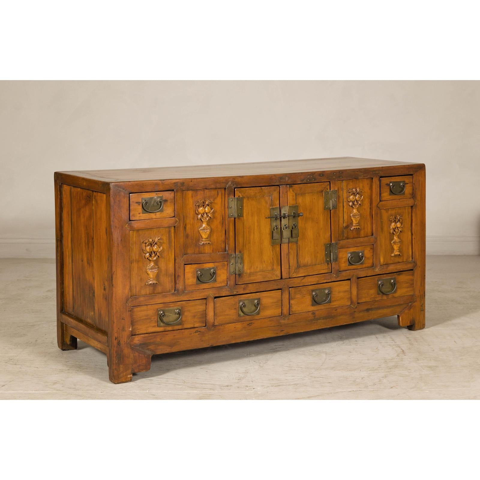 Late Qing Dynasty Elm Sideboard with Carved Floral Vases, Doors and Drawers