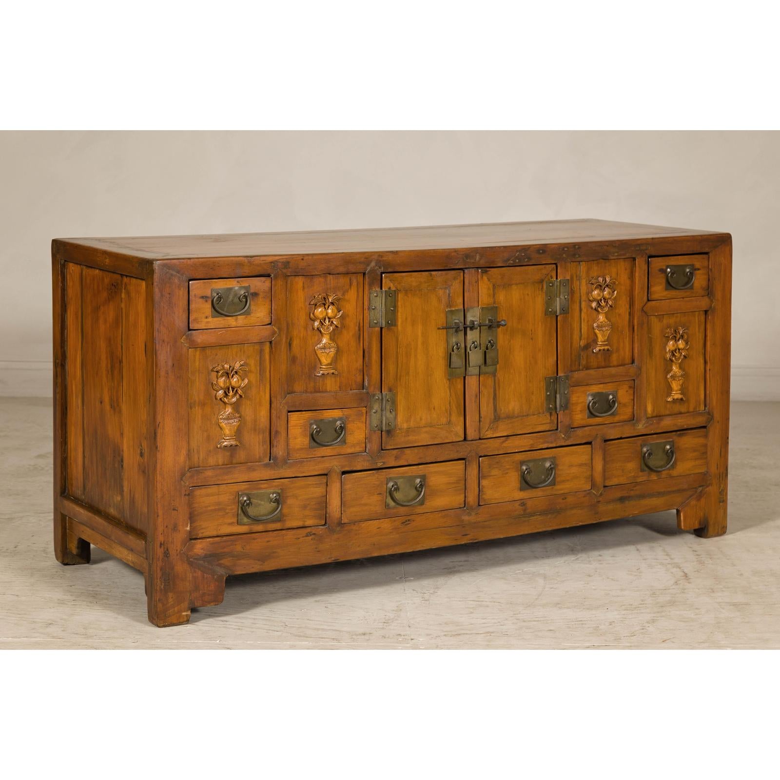 Late Qing Dynasty Elm Sideboard with Carved Floral Vases, Doors and Drawers