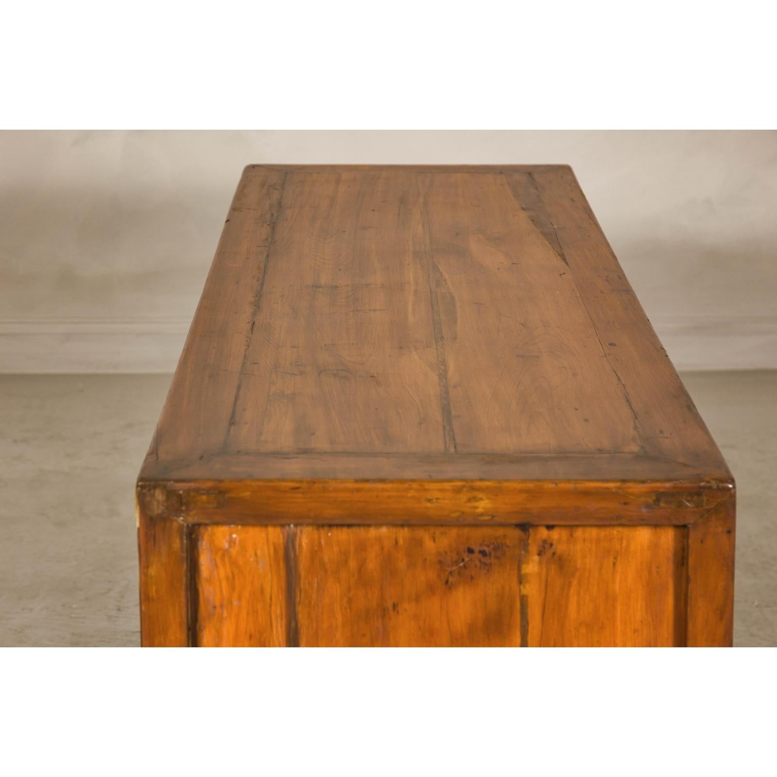 Late Qing Dynasty Elm Sideboard with Carved Floral Vases, Doors and Drawers