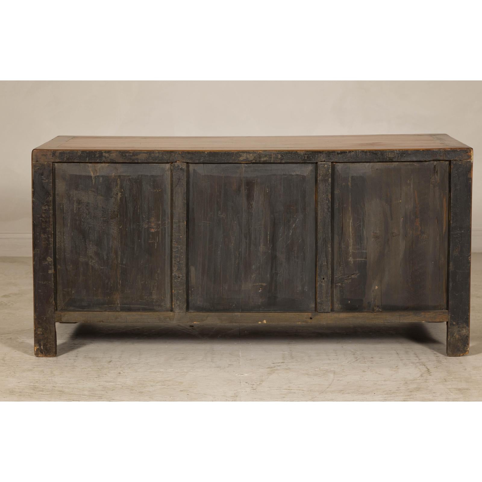 Late Qing Dynasty Elm Sideboard with Carved Floral Vases, Doors and Drawers