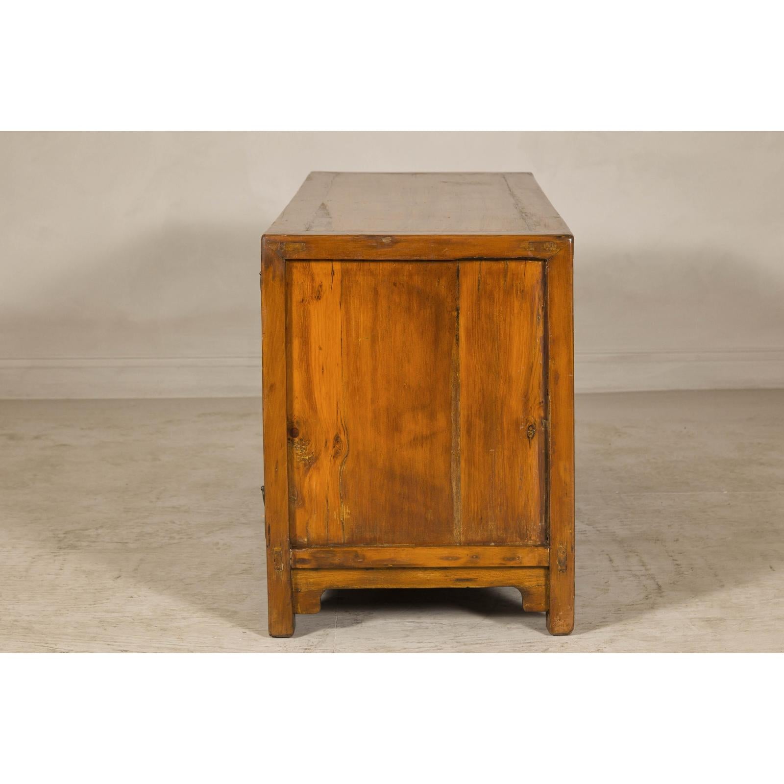 Late Qing Dynasty Elm Sideboard with Carved Floral Vases, Doors and Drawers