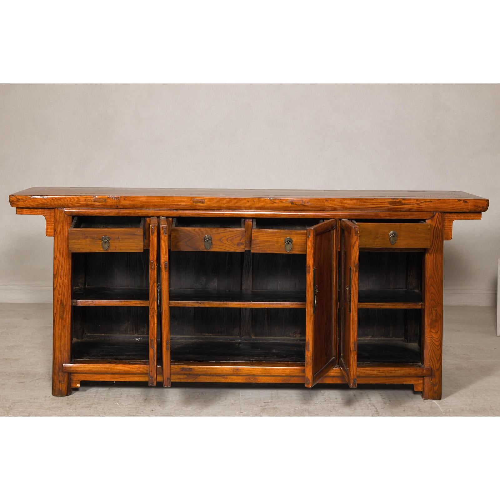 Qing Dynasty Elm Sideboard in Honey Lacquer with Four Doors and Brass Hardware