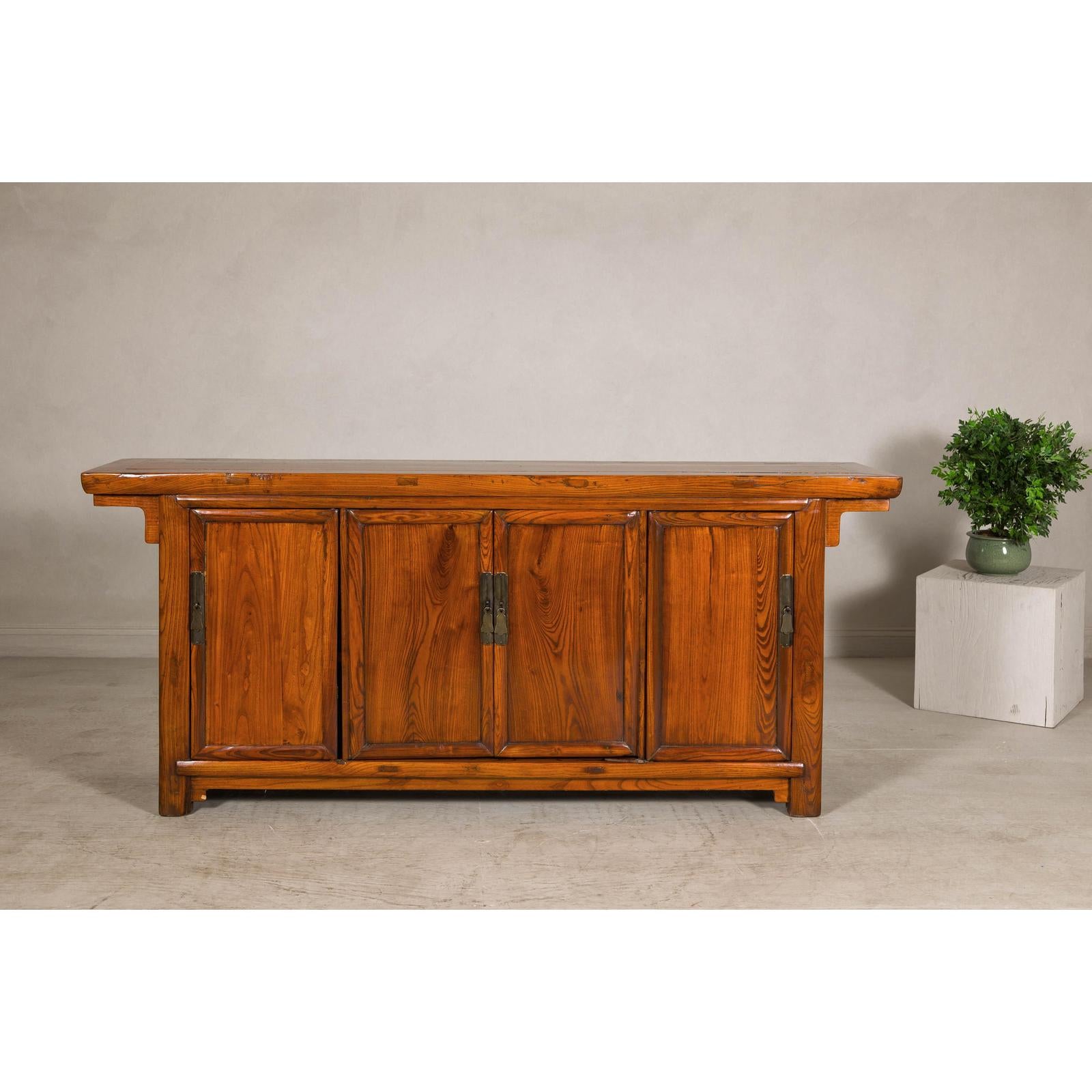 Qing Dynasty Elm Sideboard in Honey Lacquer with Four Doors and Brass Hardware