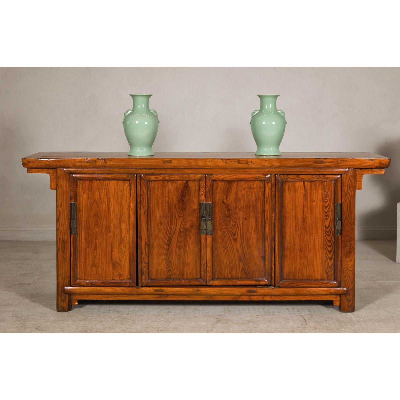 Qing Dynasty Elm Sideboard in Honey Lacquer with Four Doors and Brass Hardware
