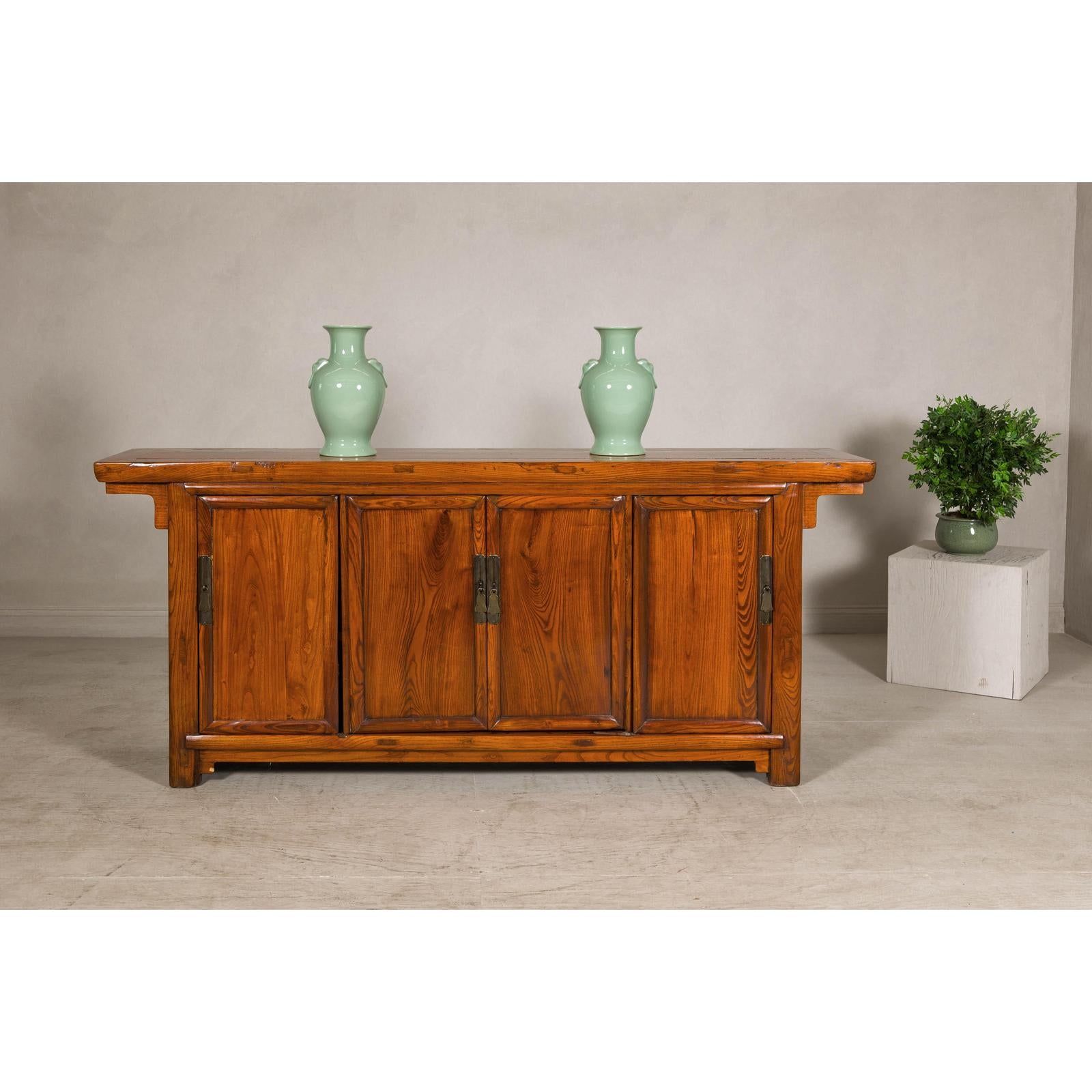Qing Dynasty Elm Sideboard in Honey Lacquer with Four Doors and Brass Hardware