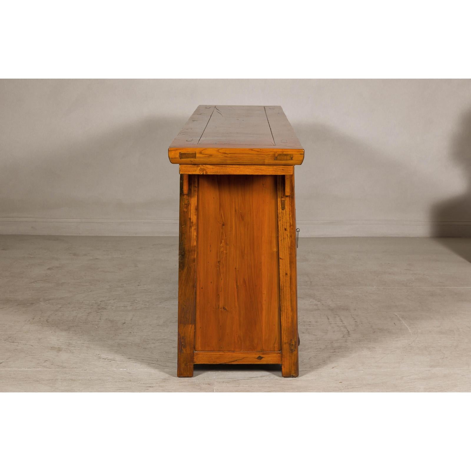 Qing Dynasty Elm Sideboard in Honey Lacquer with Four Doors and Brass Hardware