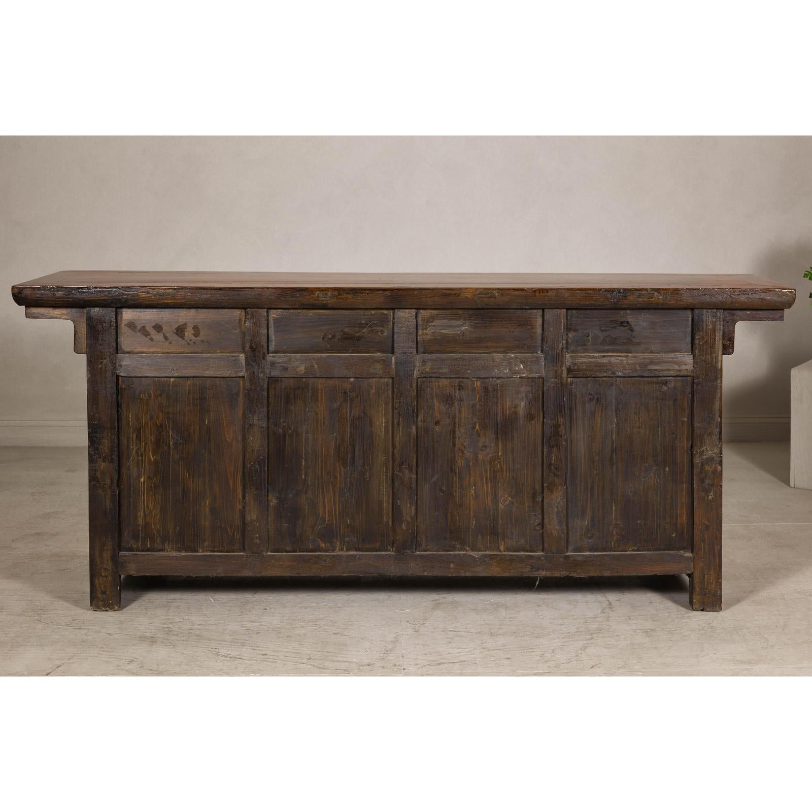 Qing Dynasty Elm Sideboard in Honey Lacquer with Four Doors and Brass Hardware