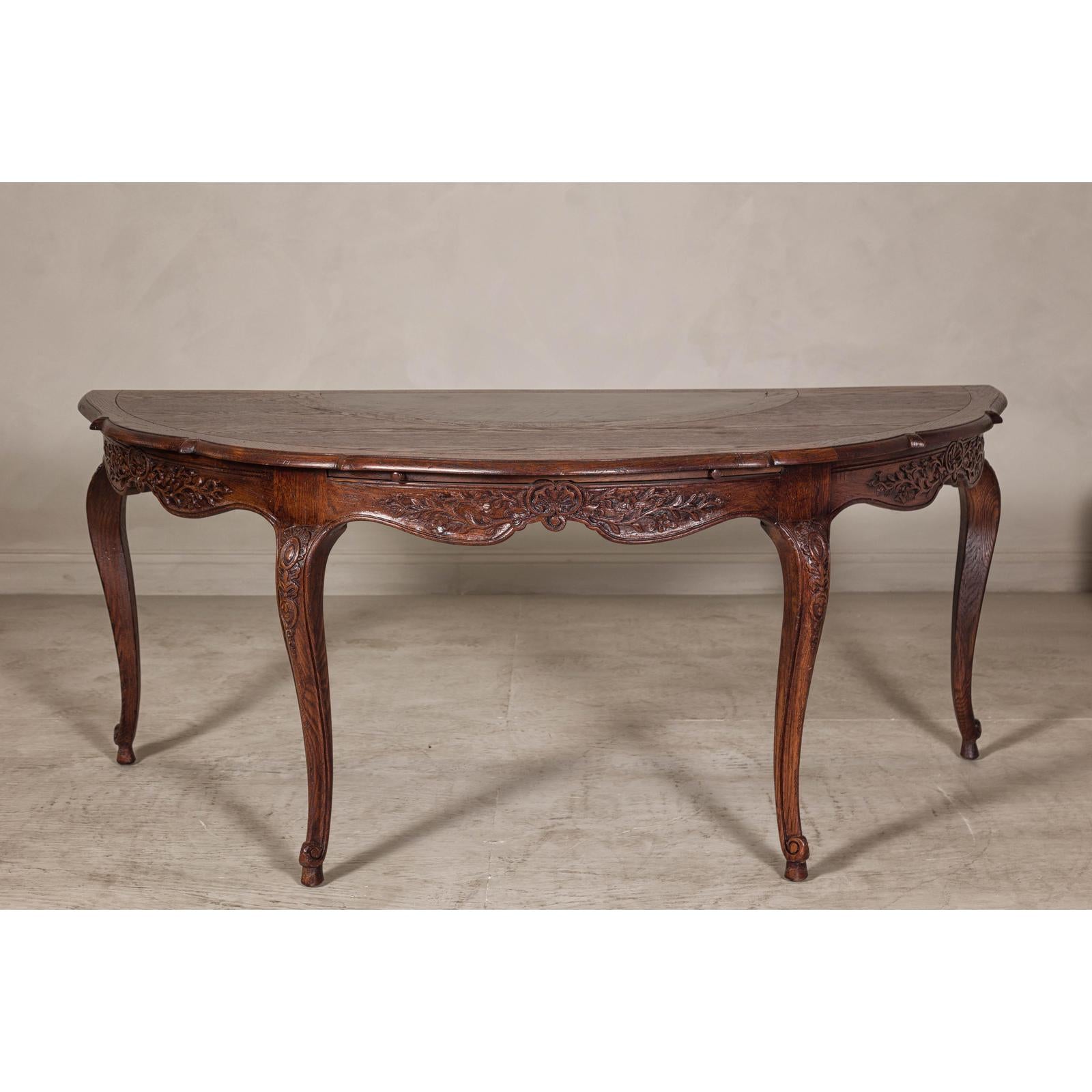 Louis XV-Style Demi-Lune Desk with Carved Legs, Leather Top and Hidden Drawers
