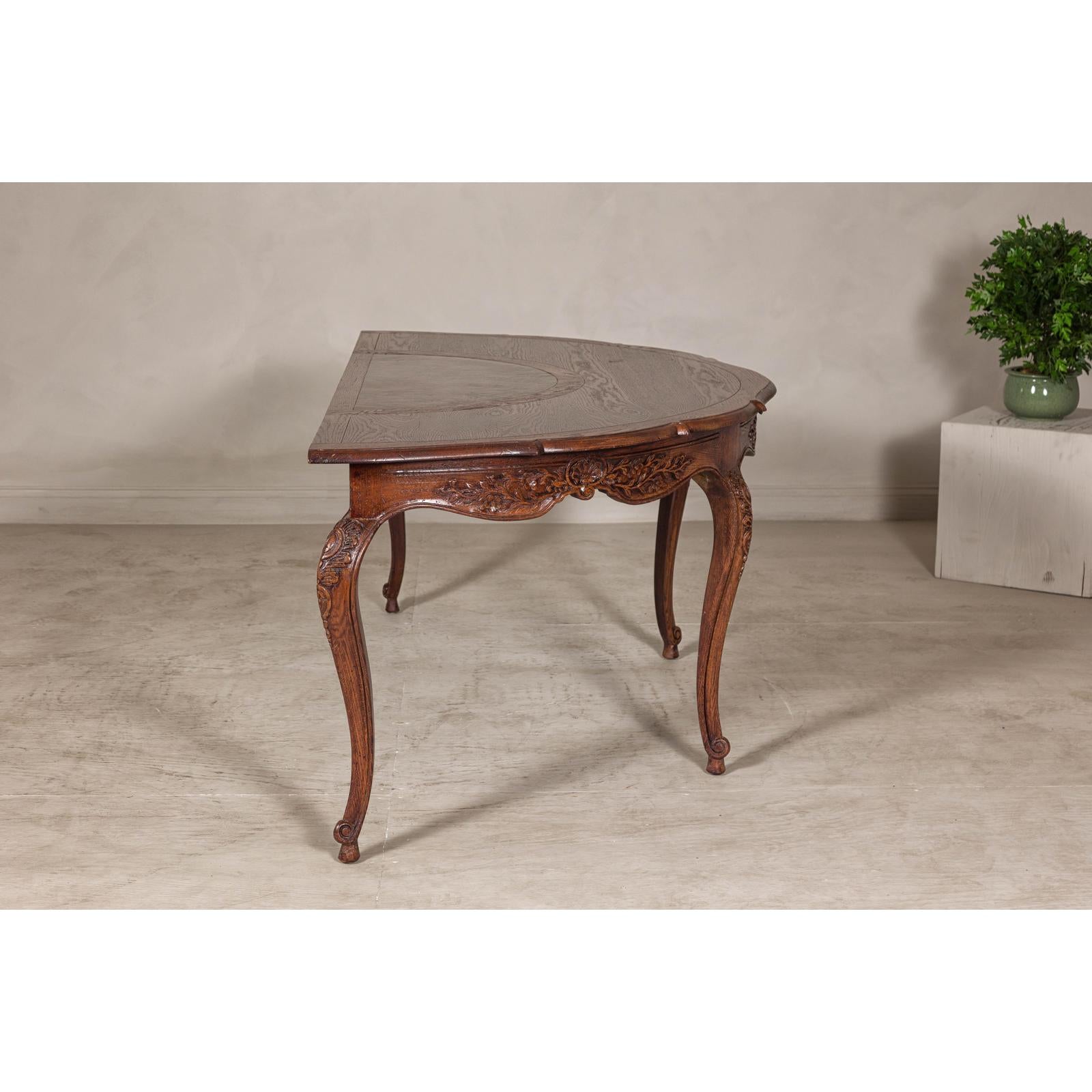 Louis XV-Style Demi-Lune Desk with Carved Legs, Leather Top and Hidden Drawers