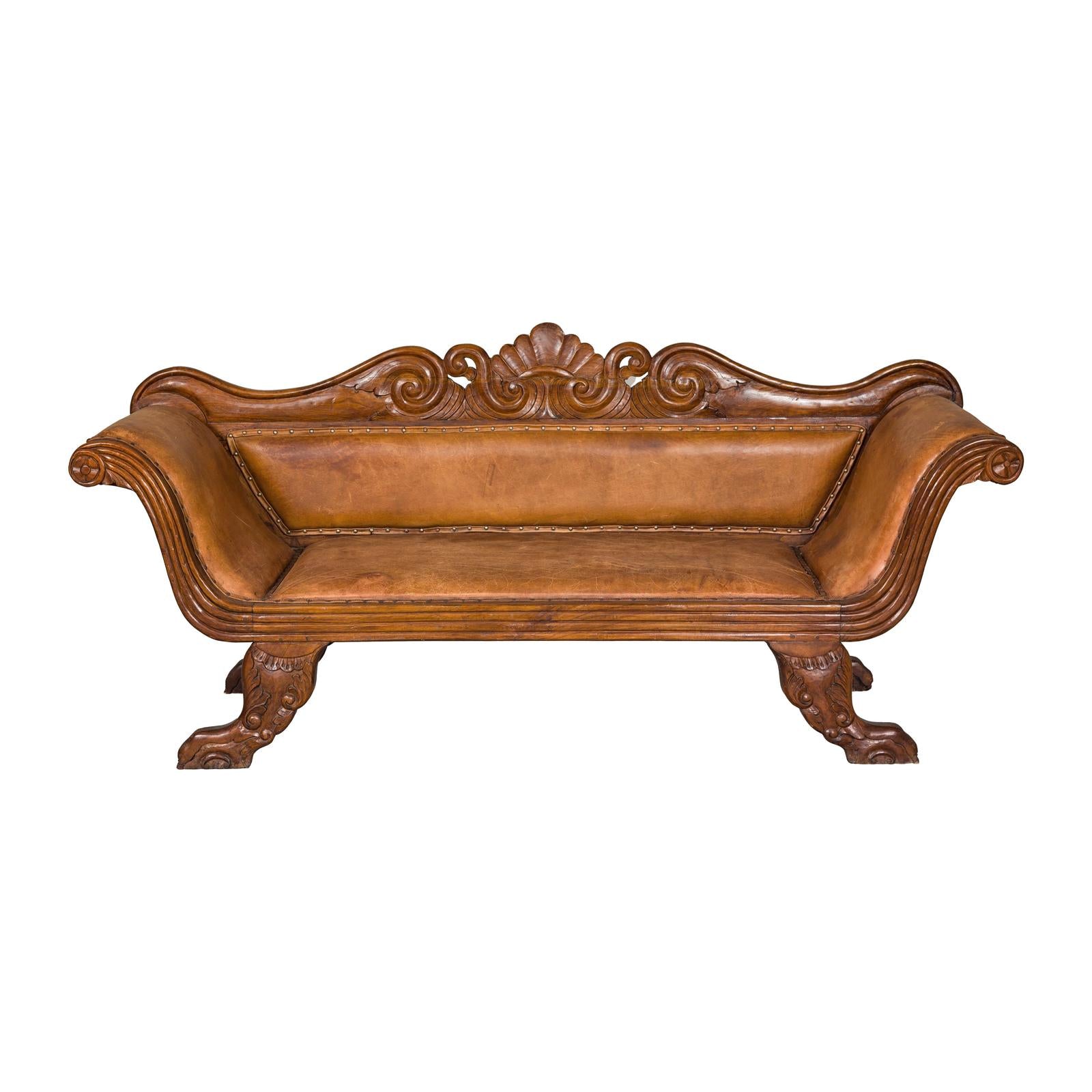 Antique Dutch Colonial Settee with Original Leather and Carved Wood Details-13. Asian &amp; Chinese Furniture, Art, Antiques, Vintage Home Décor for sale at FEA Home
