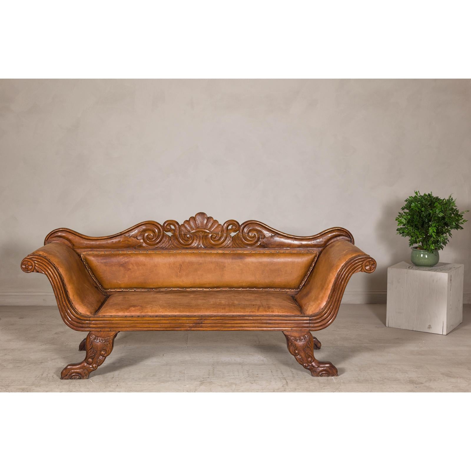 Antique Dutch Colonial Settee with Original Leather and Carved Wood Details-3. Asian &amp; Chinese Furniture, Art, Antiques, Vintage Home Décor for sale at FEA Home