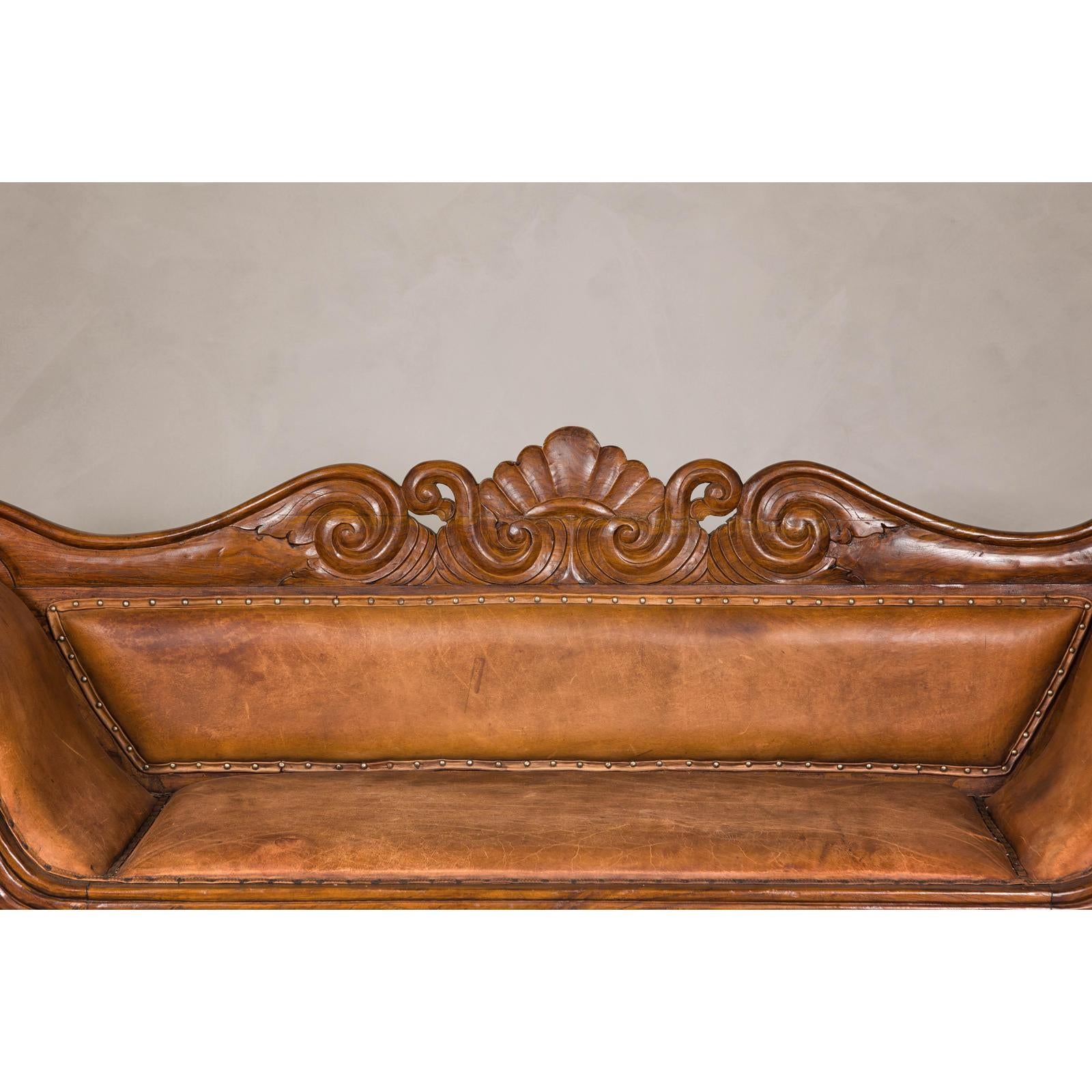 Antique Dutch Colonial Settee with Original Leather and Carved Wood Details-4. Asian &amp; Chinese Furniture, Art, Antiques, Vintage Home Décor for sale at FEA Home