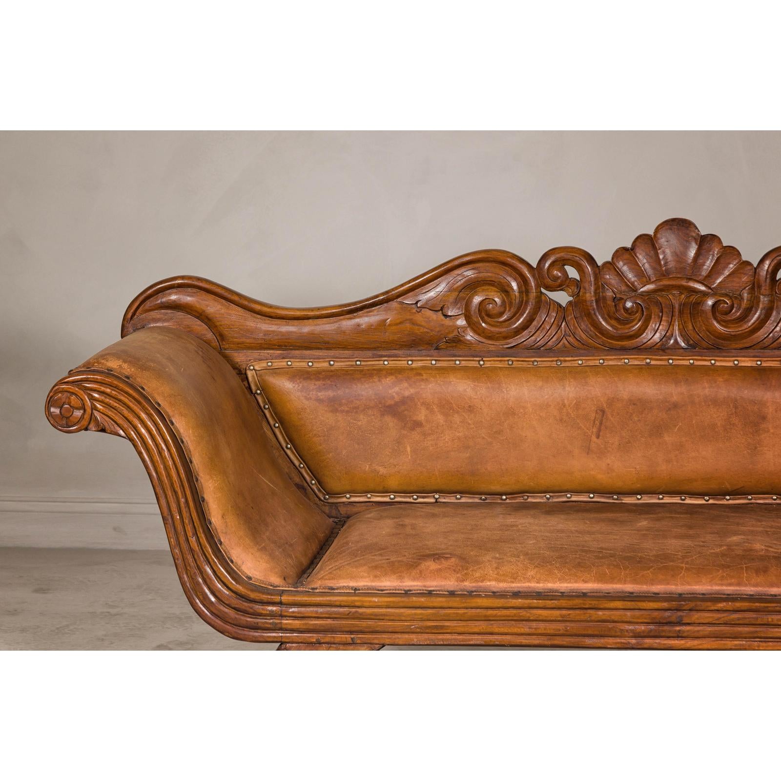 Antique Dutch Colonial Settee with Original Leather and Carved Wood Details-5. Asian &amp; Chinese Furniture, Art, Antiques, Vintage Home Décor for sale at FEA Home
