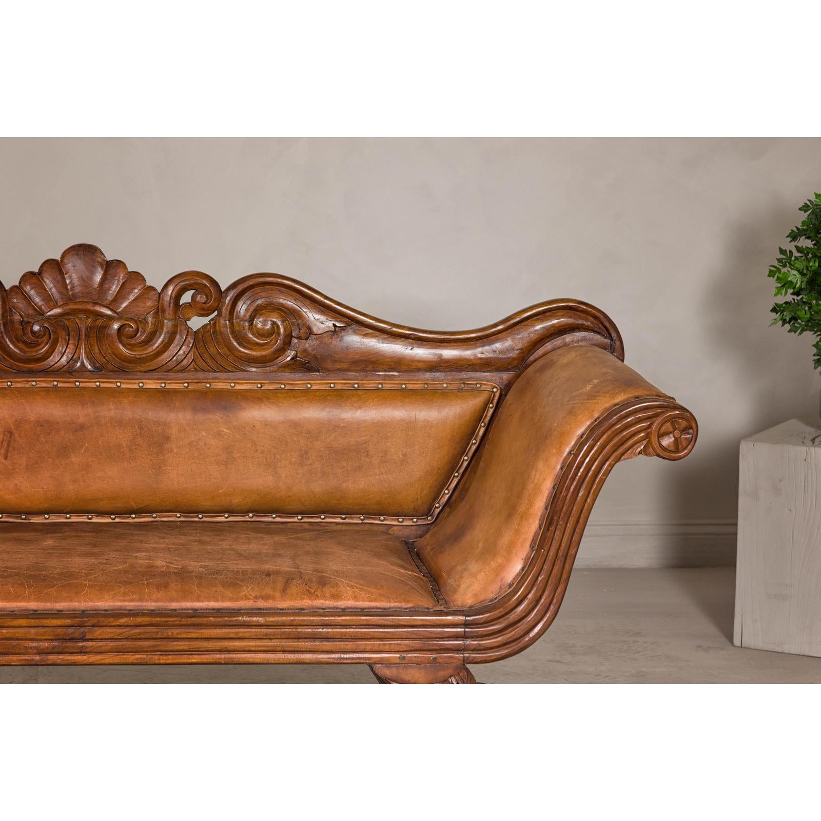 Antique Dutch Colonial Settee with Original Leather and Carved Wood Details-6. Asian &amp; Chinese Furniture, Art, Antiques, Vintage Home Décor for sale at FEA Home
