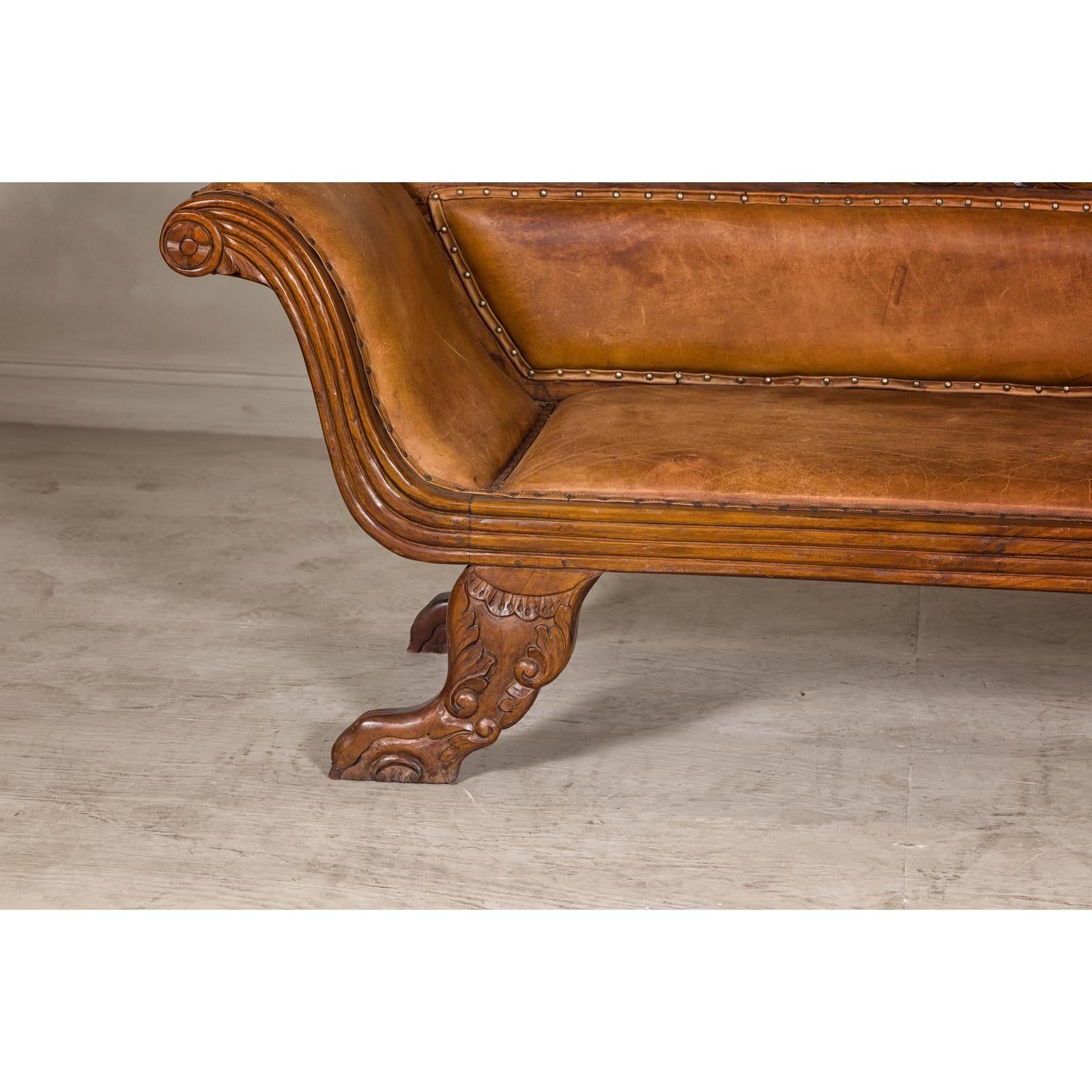 Antique Dutch Colonial Settee with Original Leather and Carved Wood Details-7. Asian &amp; Chinese Furniture, Art, Antiques, Vintage Home Décor for sale at FEA Home