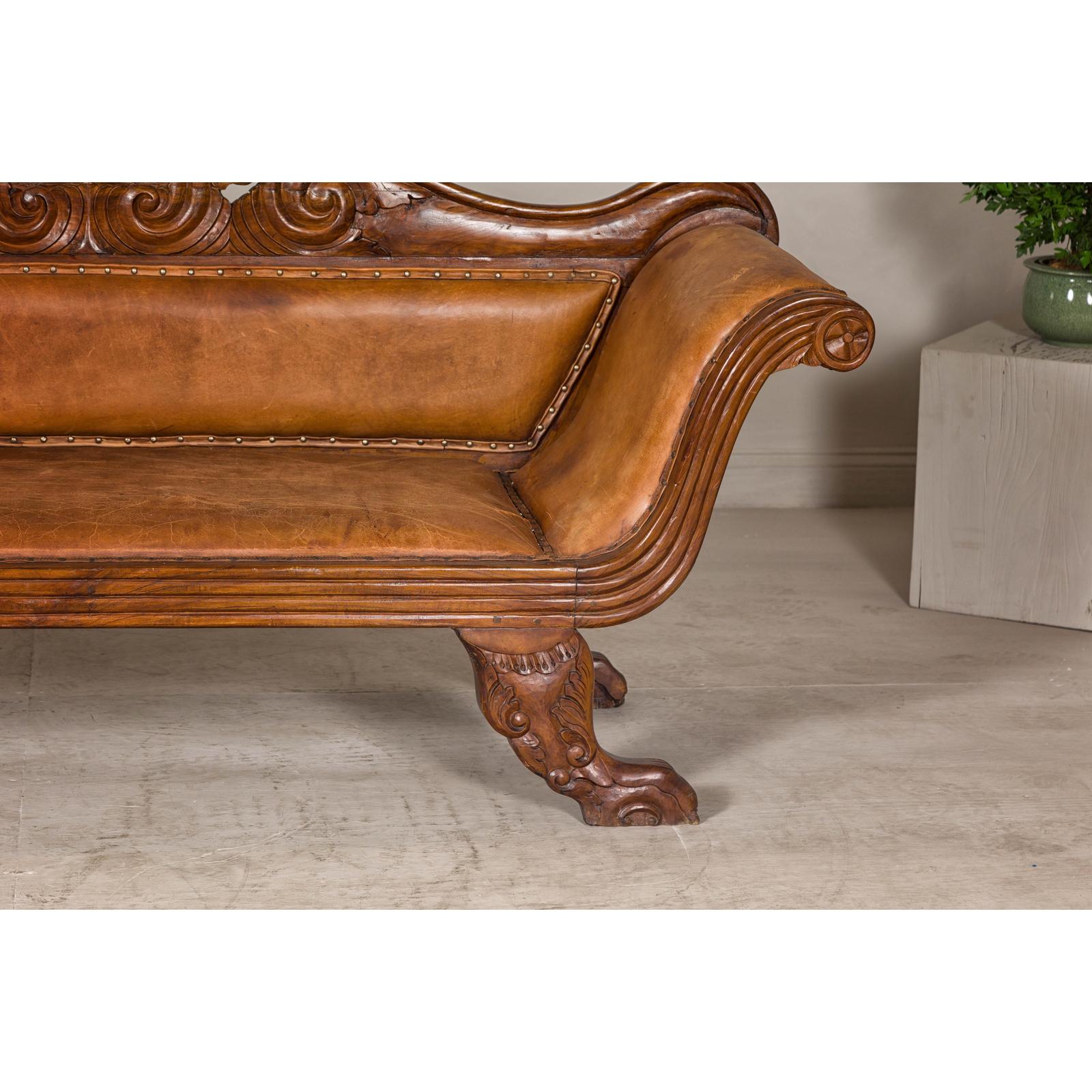 Antique Dutch Colonial Settee with Original Leather and Carved Wood Details-8. Asian &amp; Chinese Furniture, Art, Antiques, Vintage Home Décor for sale at FEA Home