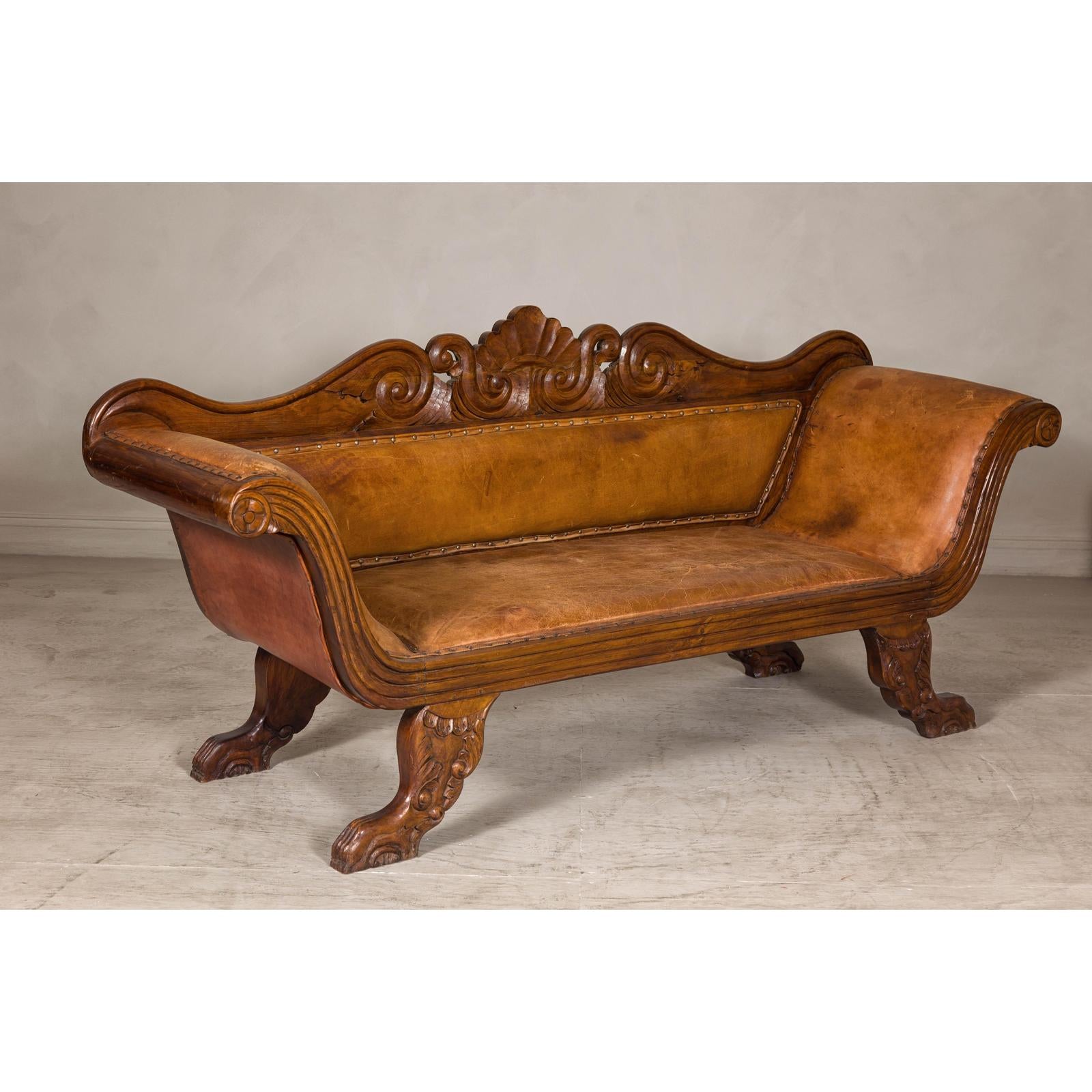 Antique Dutch Colonial Settee with Original Leather and Carved Wood Details-9. Asian &amp; Chinese Furniture, Art, Antiques, Vintage Home Décor for sale at FEA Home