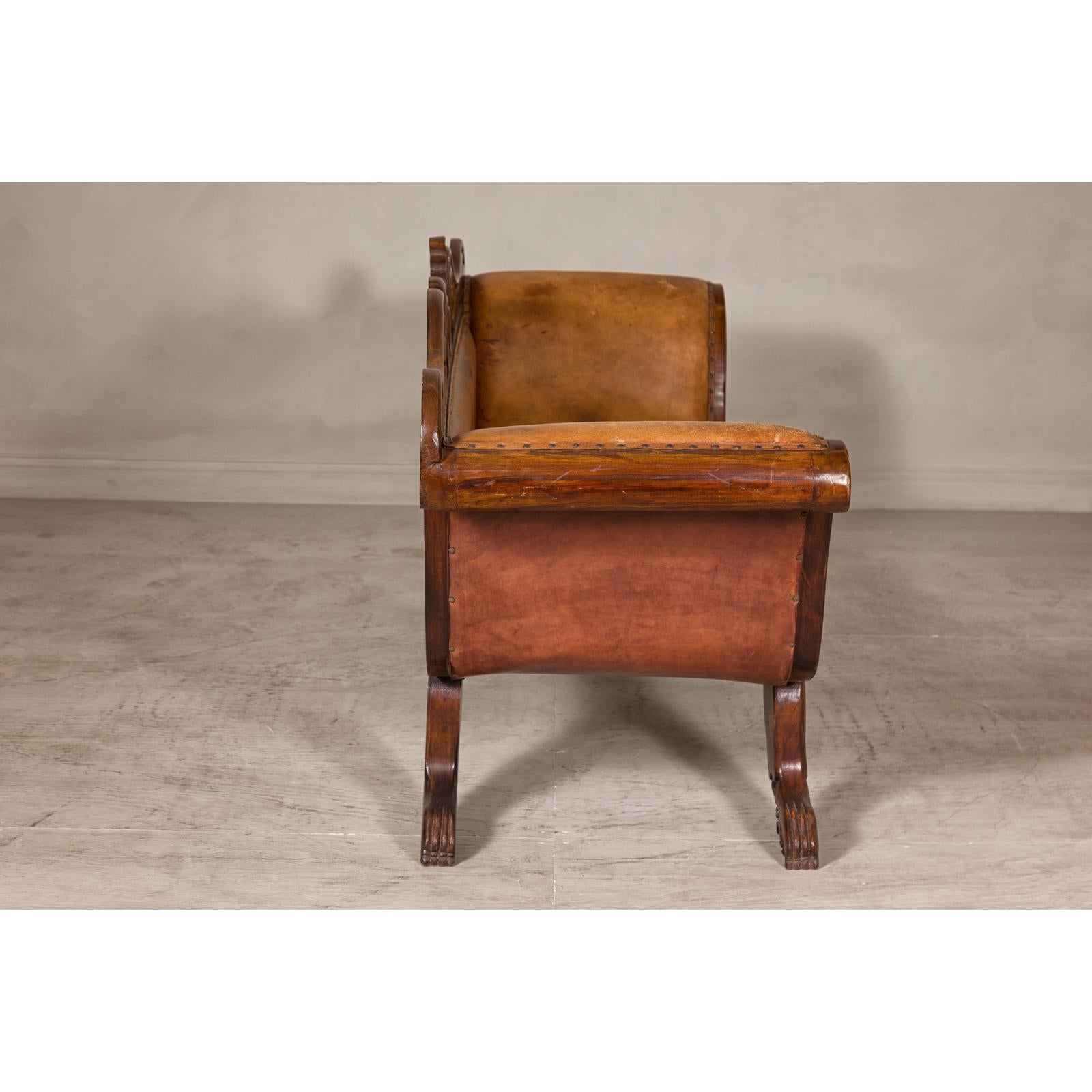 Antique Dutch Colonial Settee with Original Leather and Carved Wood Details-10. Asian &amp; Chinese Furniture, Art, Antiques, Vintage Home Décor for sale at FEA Home