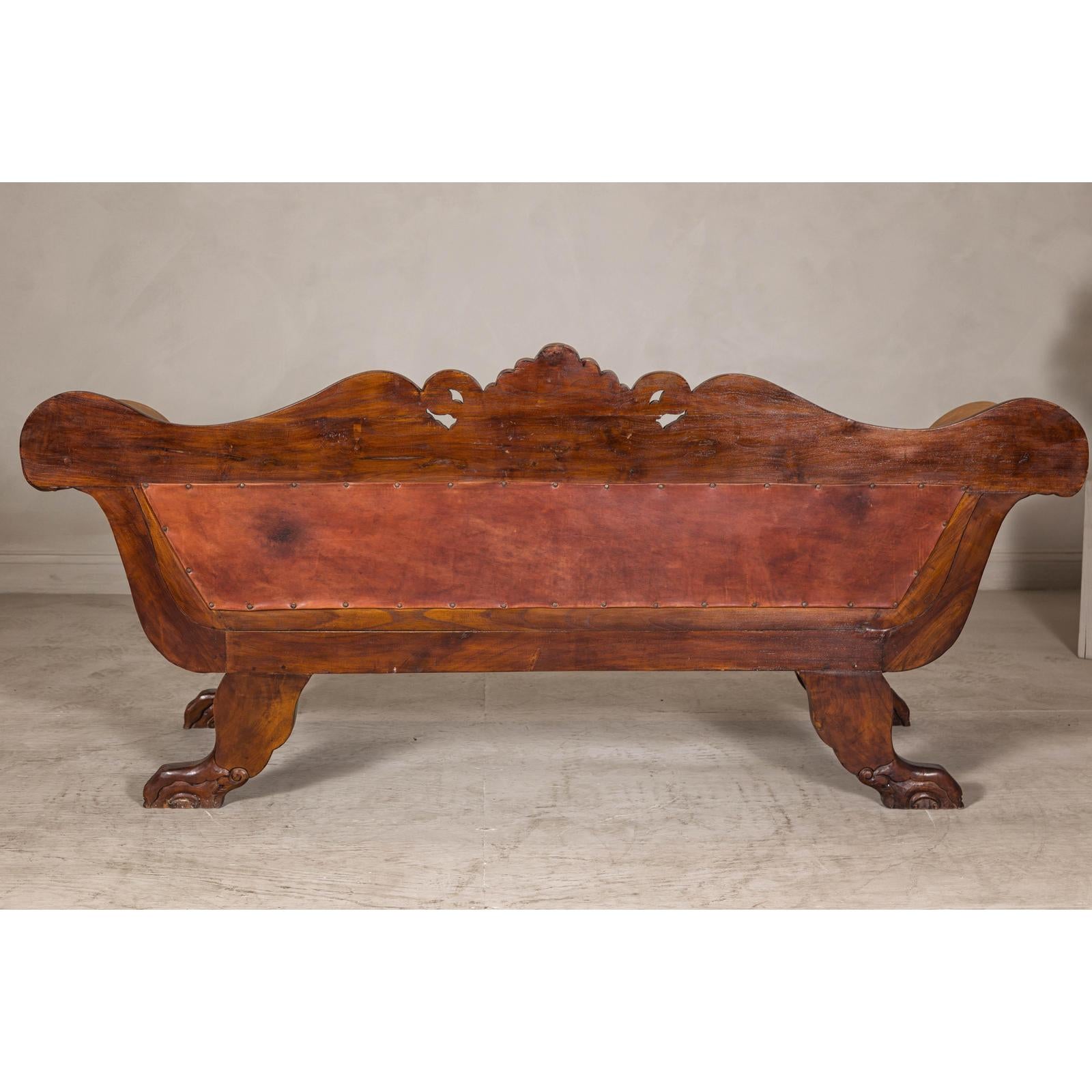 Antique Dutch Colonial Settee with Original Leather and Carved Wood Details-11. Asian &amp; Chinese Furniture, Art, Antiques, Vintage Home Décor for sale at FEA Home