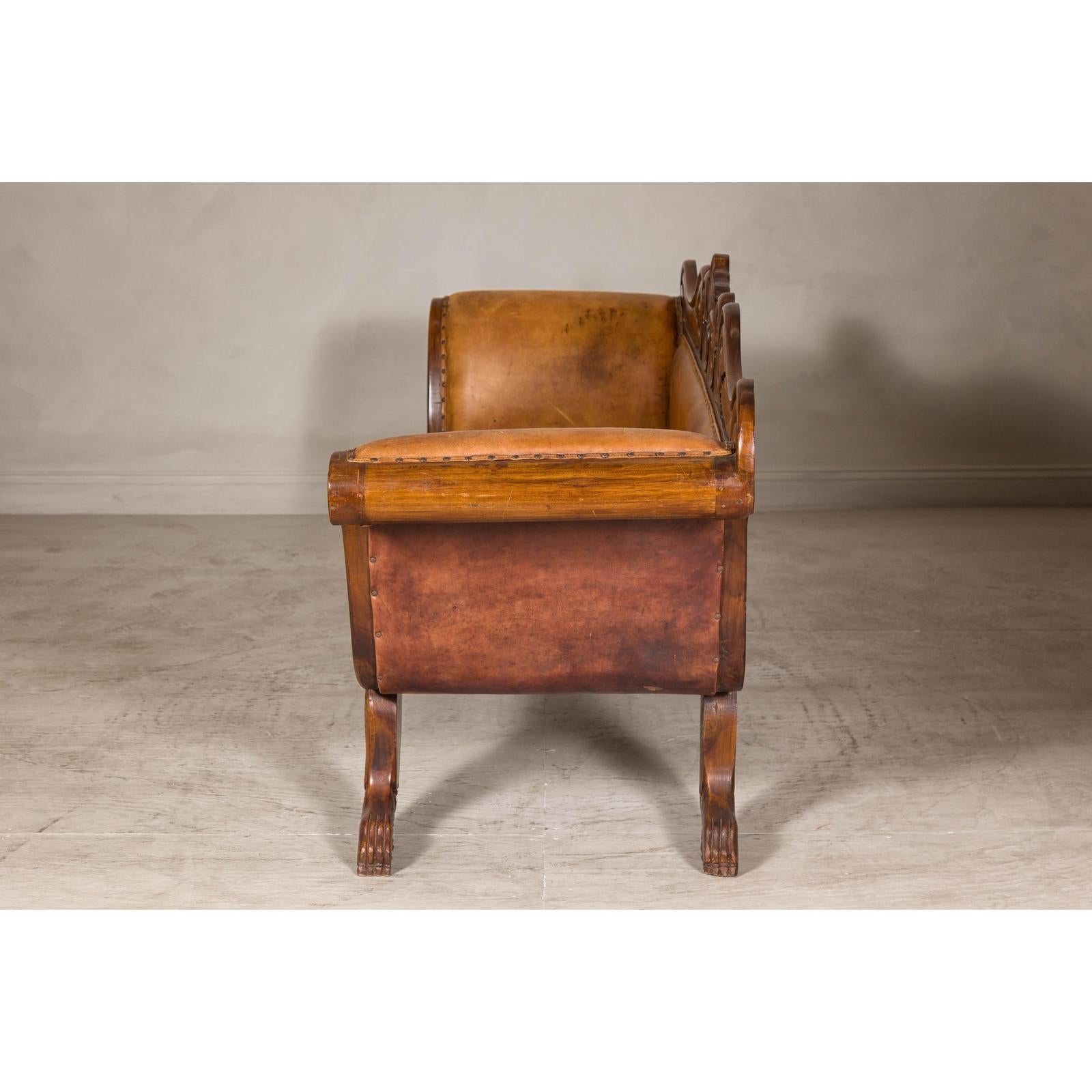 Antique Dutch Colonial Settee with Original Leather and Carved Wood Details-12. Asian &amp; Chinese Furniture, Art, Antiques, Vintage Home Décor for sale at FEA Home