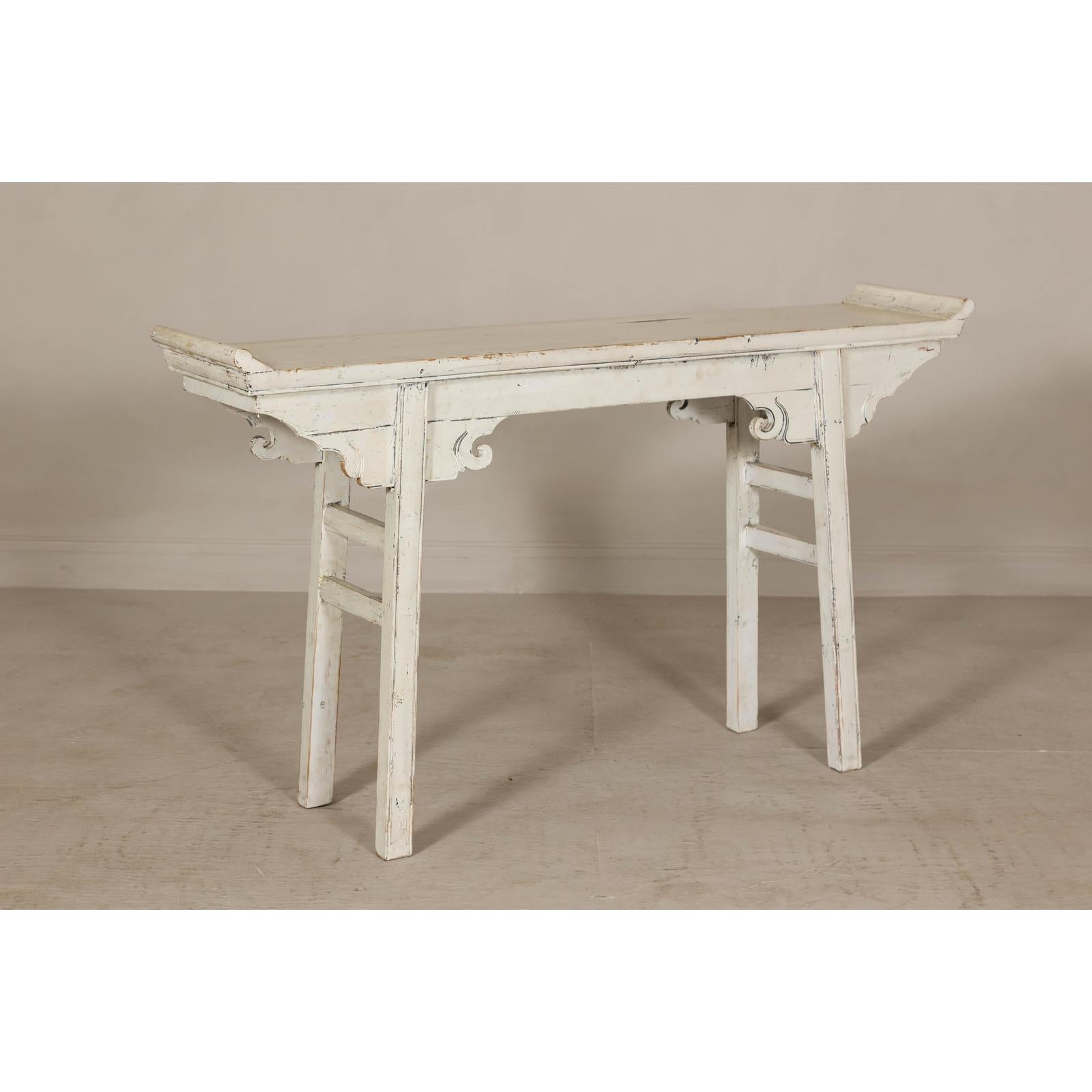 Vintage Antique White Console Table with Weathered Patina and Carved Details