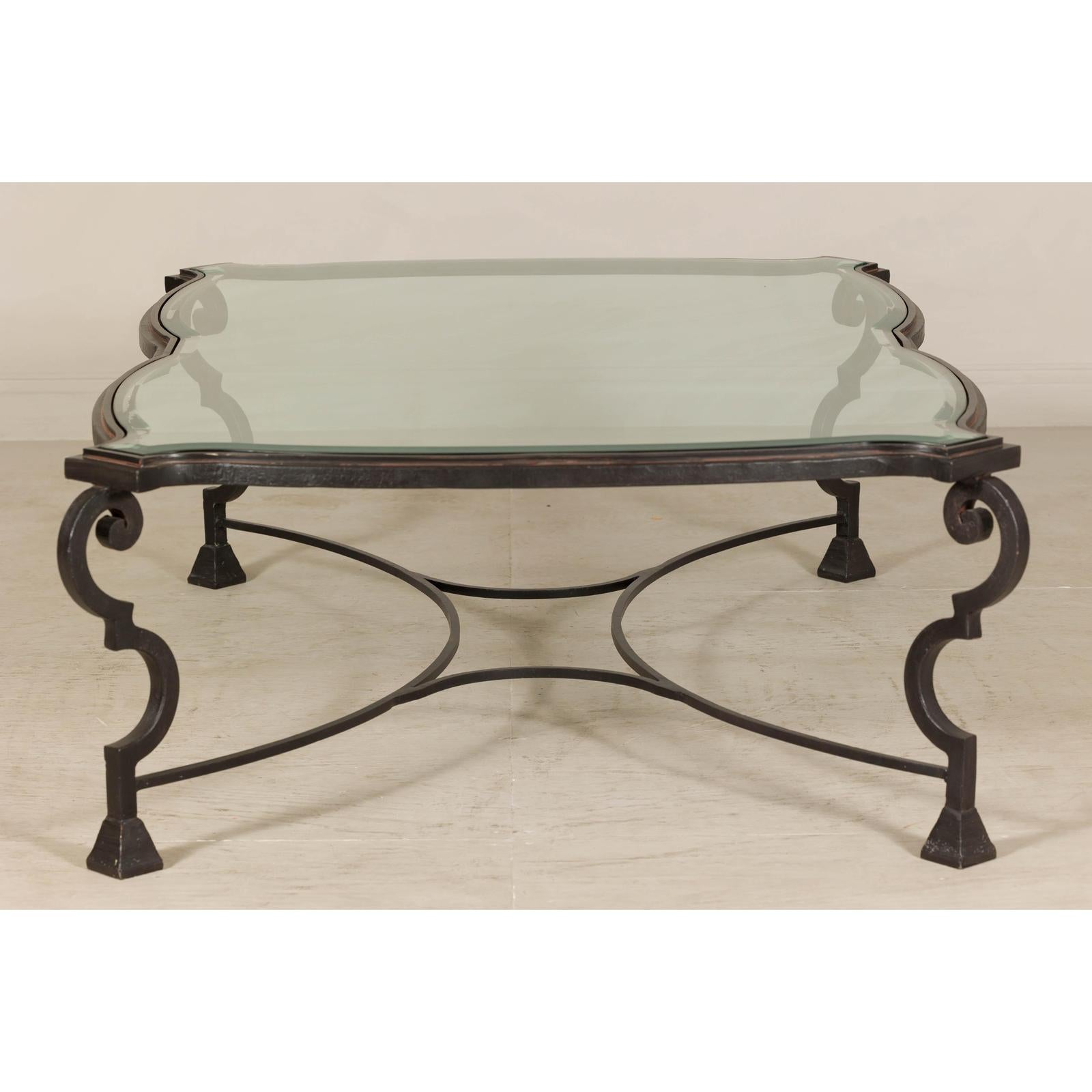 Midcentury Wrought Iron Coffee Table with Beveled Glass Top, 1940s-1960s