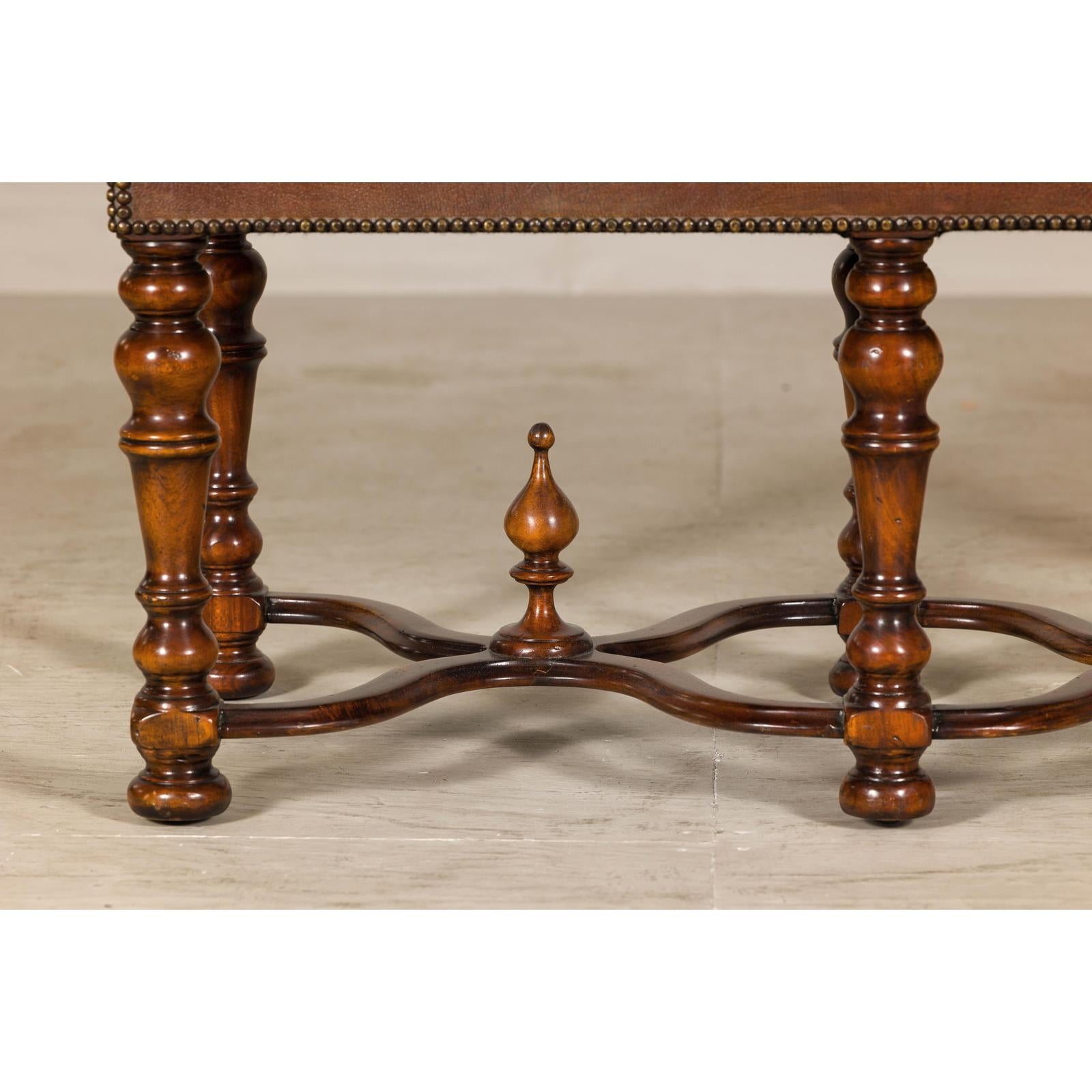 Theodore Alexander Louis XIII Style Leather Bench with Turned Hardwood Legs