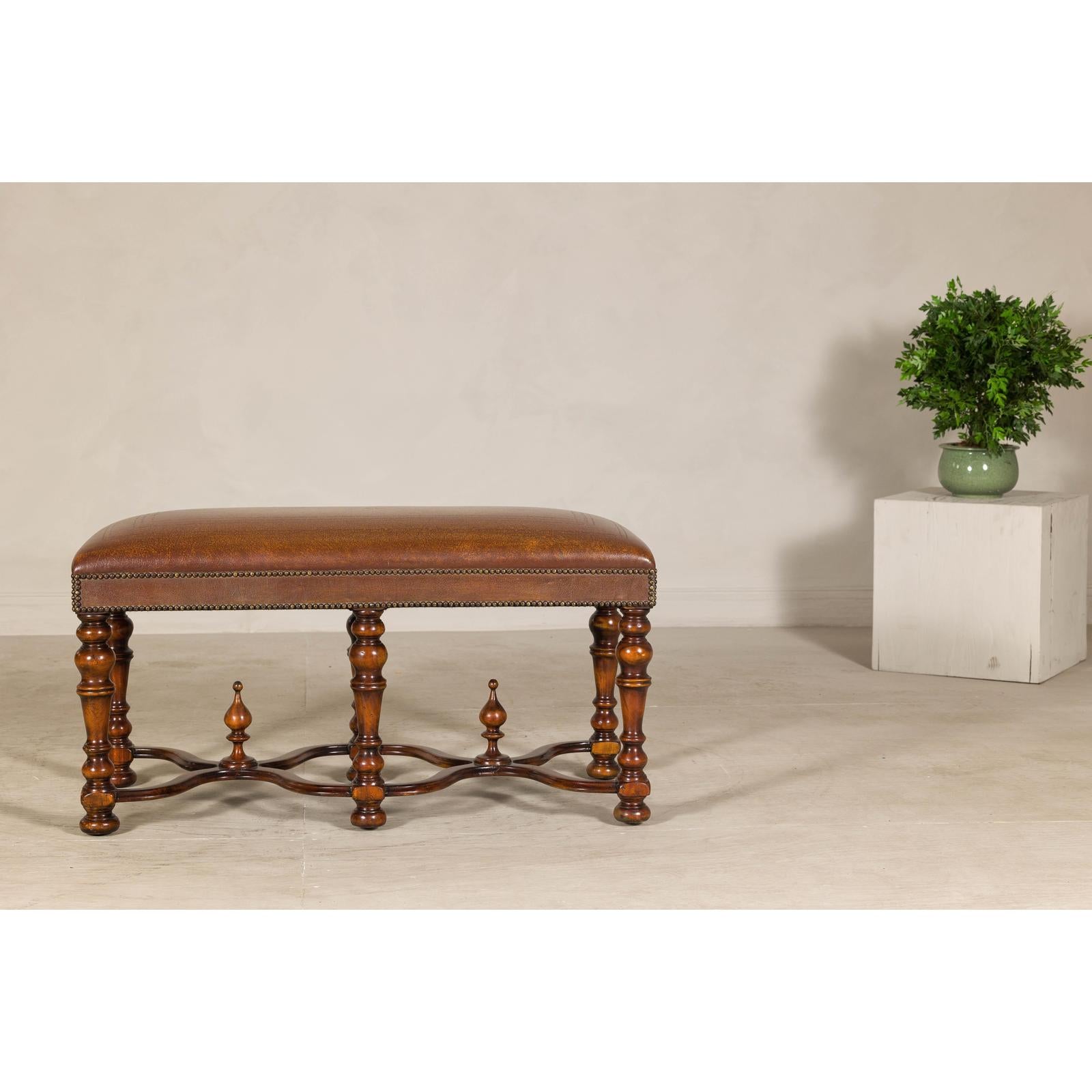 Theodore Alexander Louis XIII Style Leather Bench with Turned Hardwood Legs