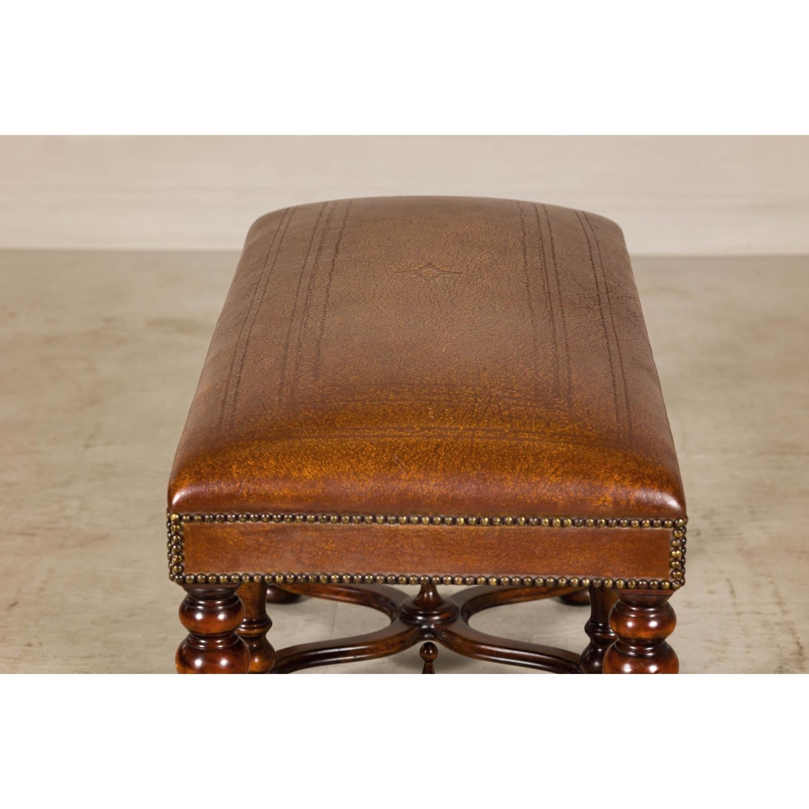 Theodore Alexander Louis XIII Style Leather Bench with Turned Hardwood Legs