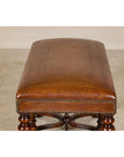 Theodore Alexander Louis XIII Style Leather Bench with Turned Hardwood Legs